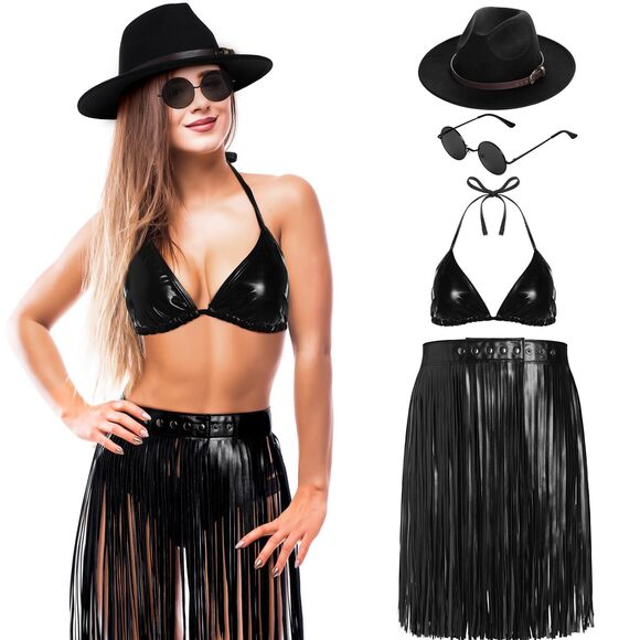 6155 4 Pcs Western Cowgirl Hat For Women Black Leather Bikini Tassel Dress main image 5